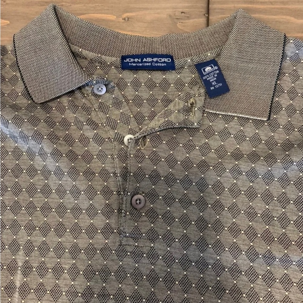 John Ashford golf shirt,  mens size xl, Grey green and black pattern.